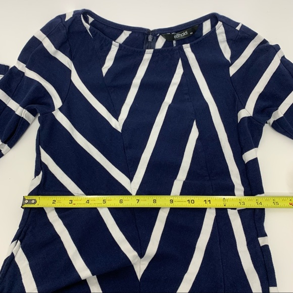EShakti Asymmetrical White Striped Navy Cotton Spandex Flared Dress W/ Sleeves - Picture 16 of 16
